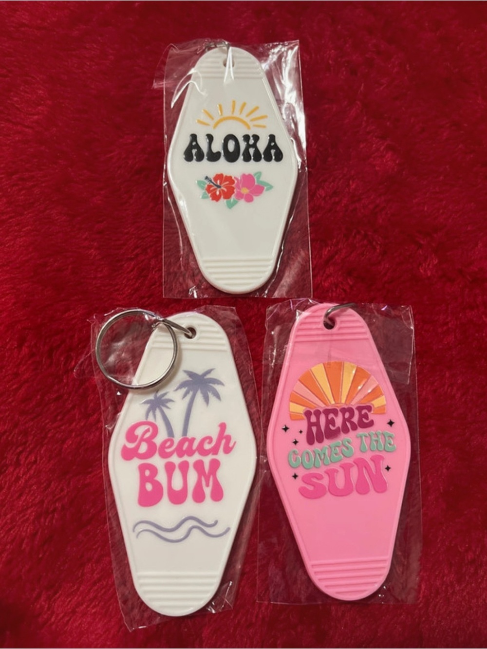 Hand Crafted Pink & White Beach Tag Keychain Trio